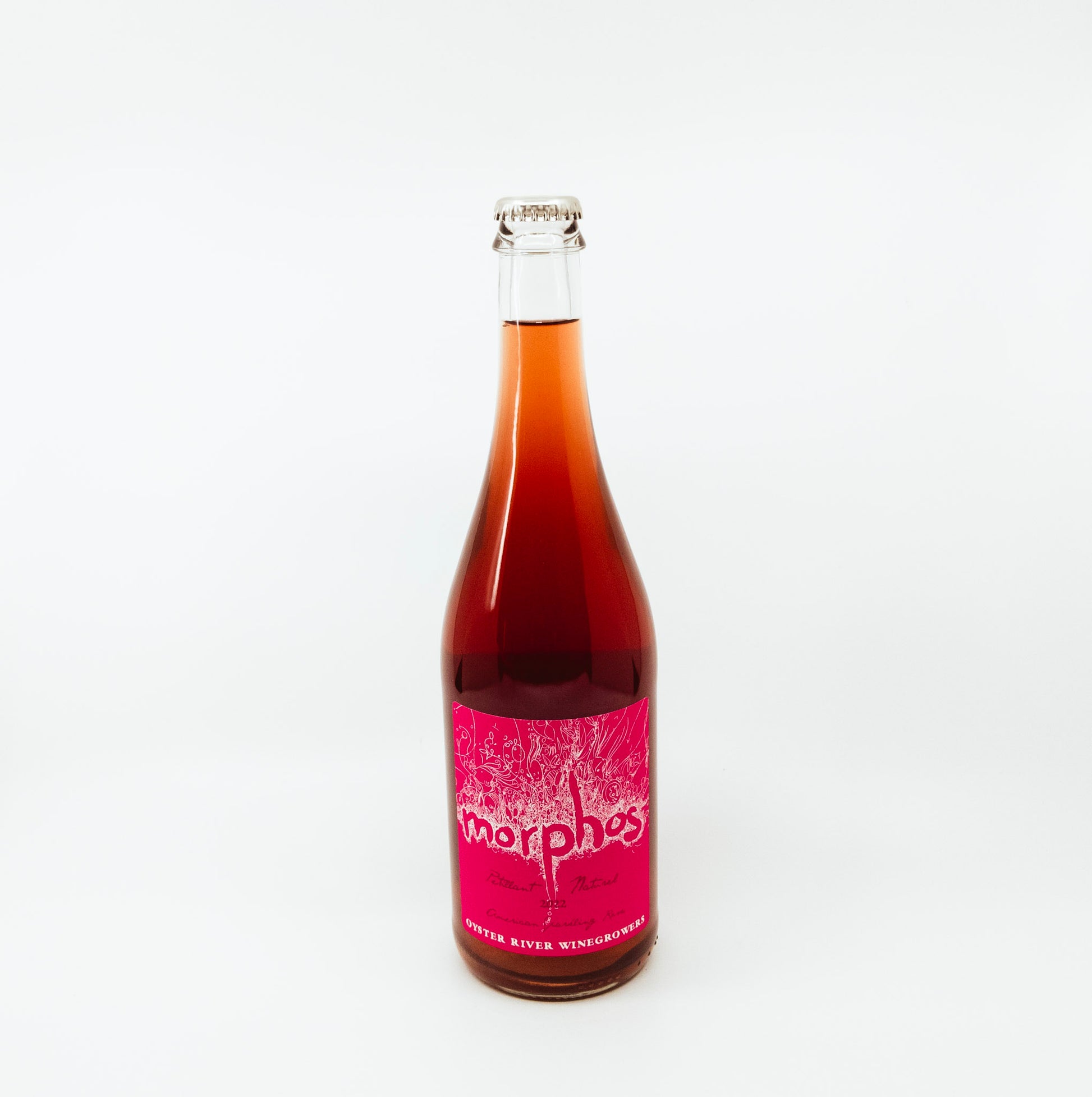 bottle with pink label with morphos written on it