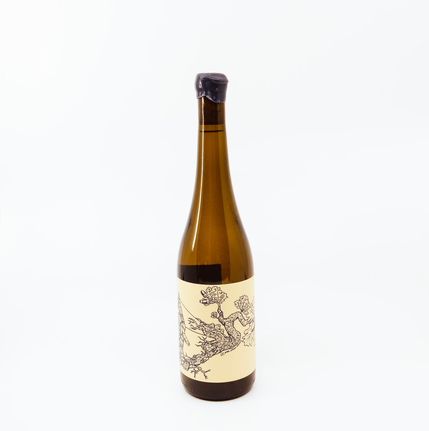 glass bottle with black graphic on cream label