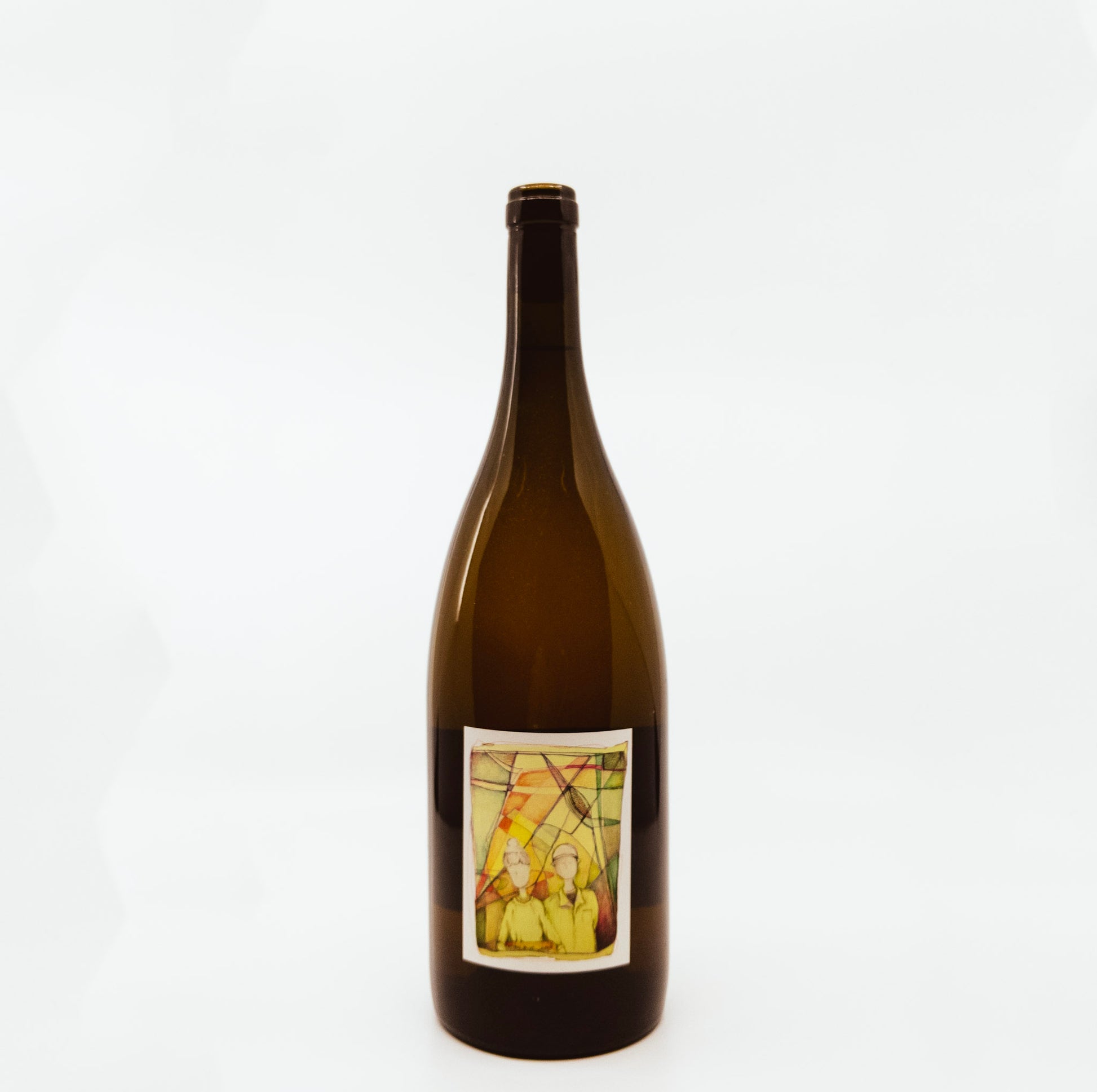 dark brown bottle with painting on label