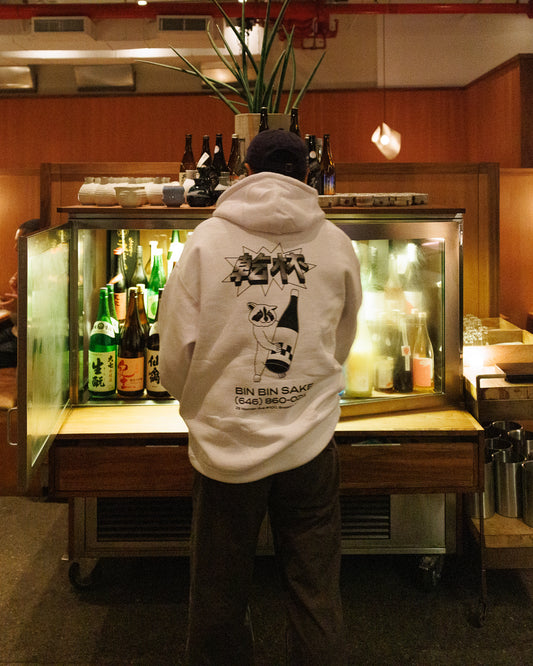 man in a bin bin sake hoodie