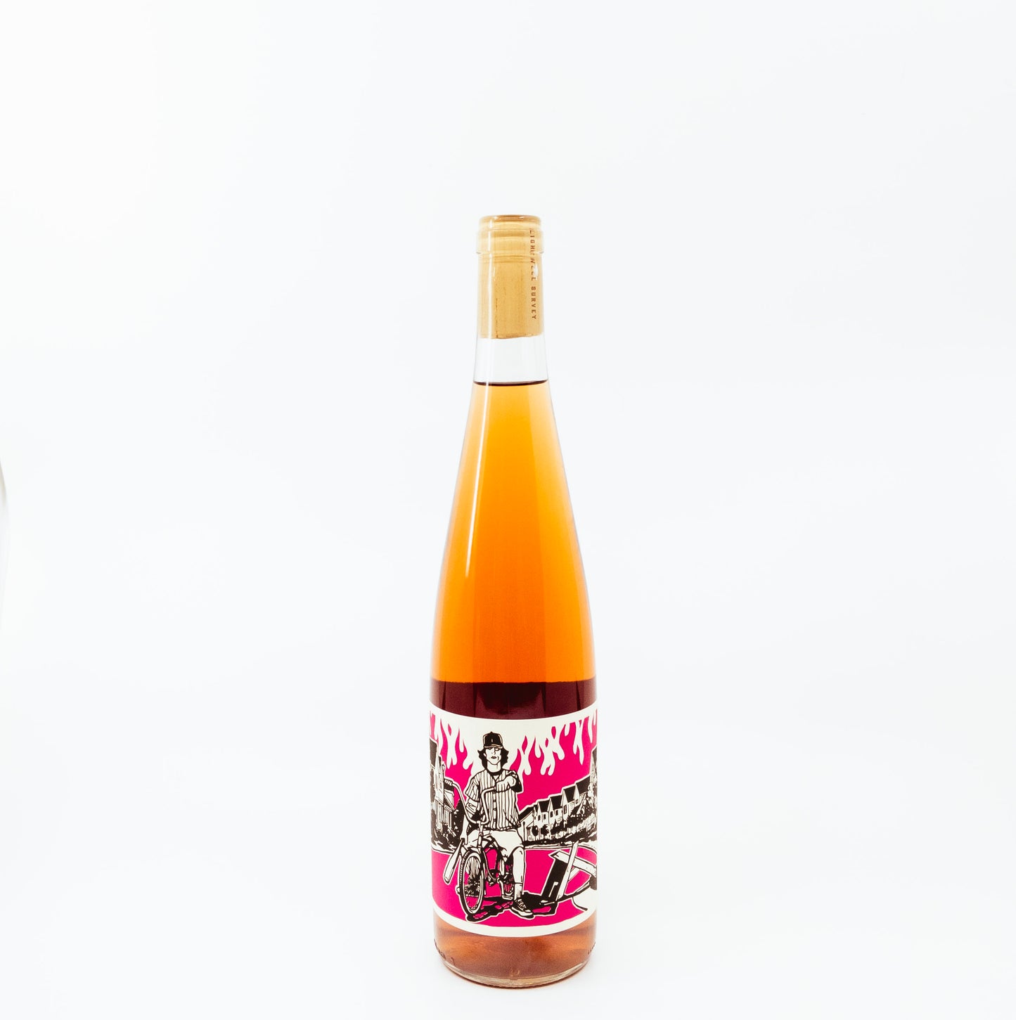 orange glass bottle with flames on label