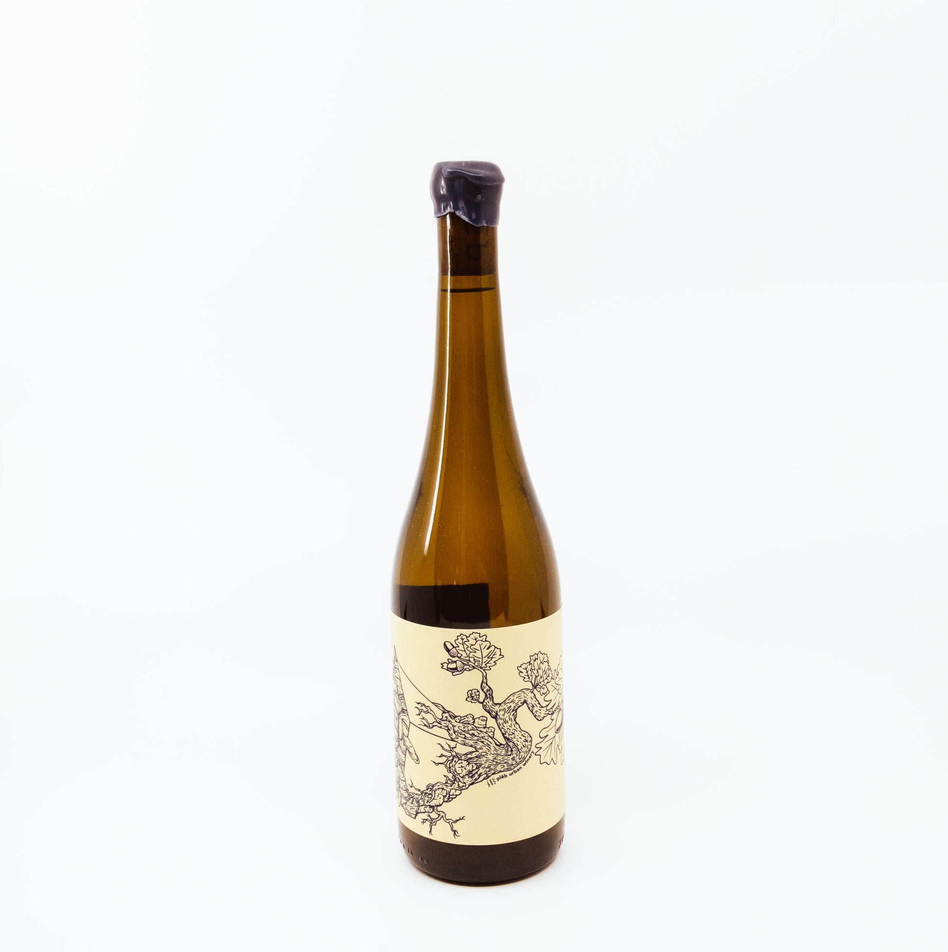 glass bottle with black graphic on cream label
