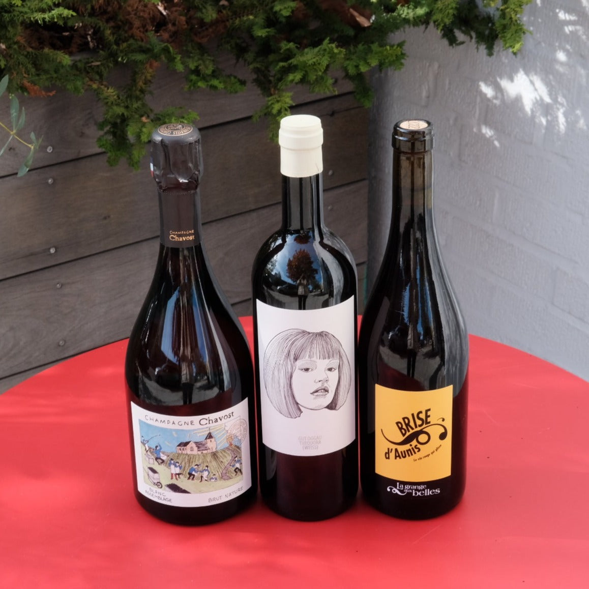 three bottles of wine on red table