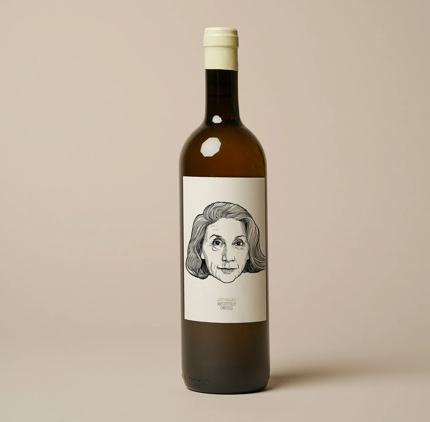 wine bottle with old woman face on label
