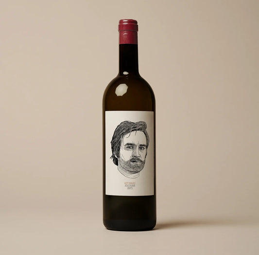 wine bottle with older man face on label