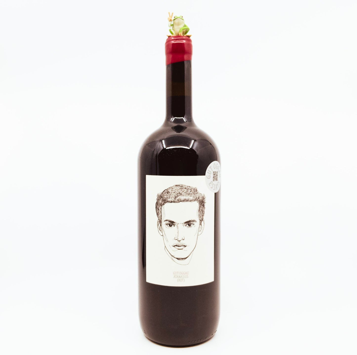 bottle with face on label and flower topper
