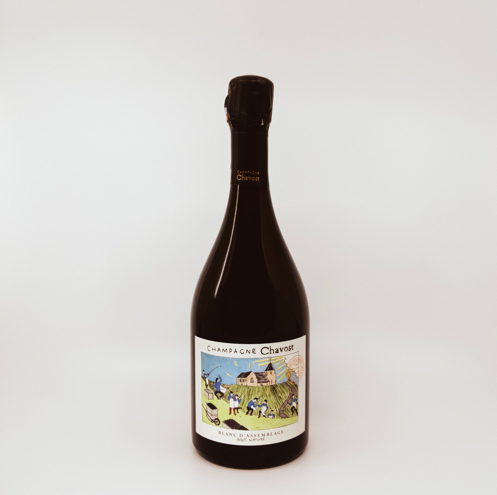 bottle with village on label
