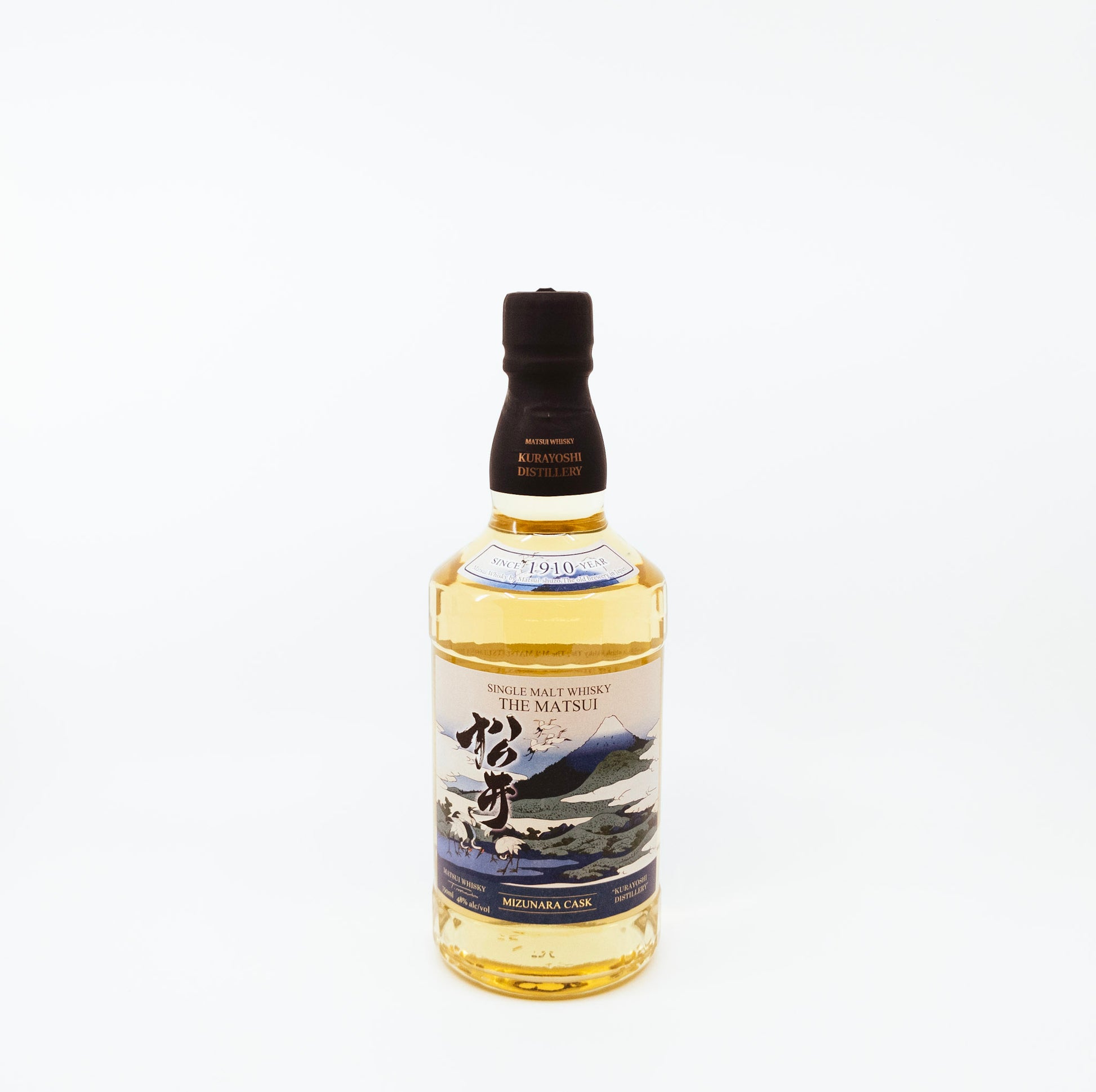 bottle of whisky with mountain view on label