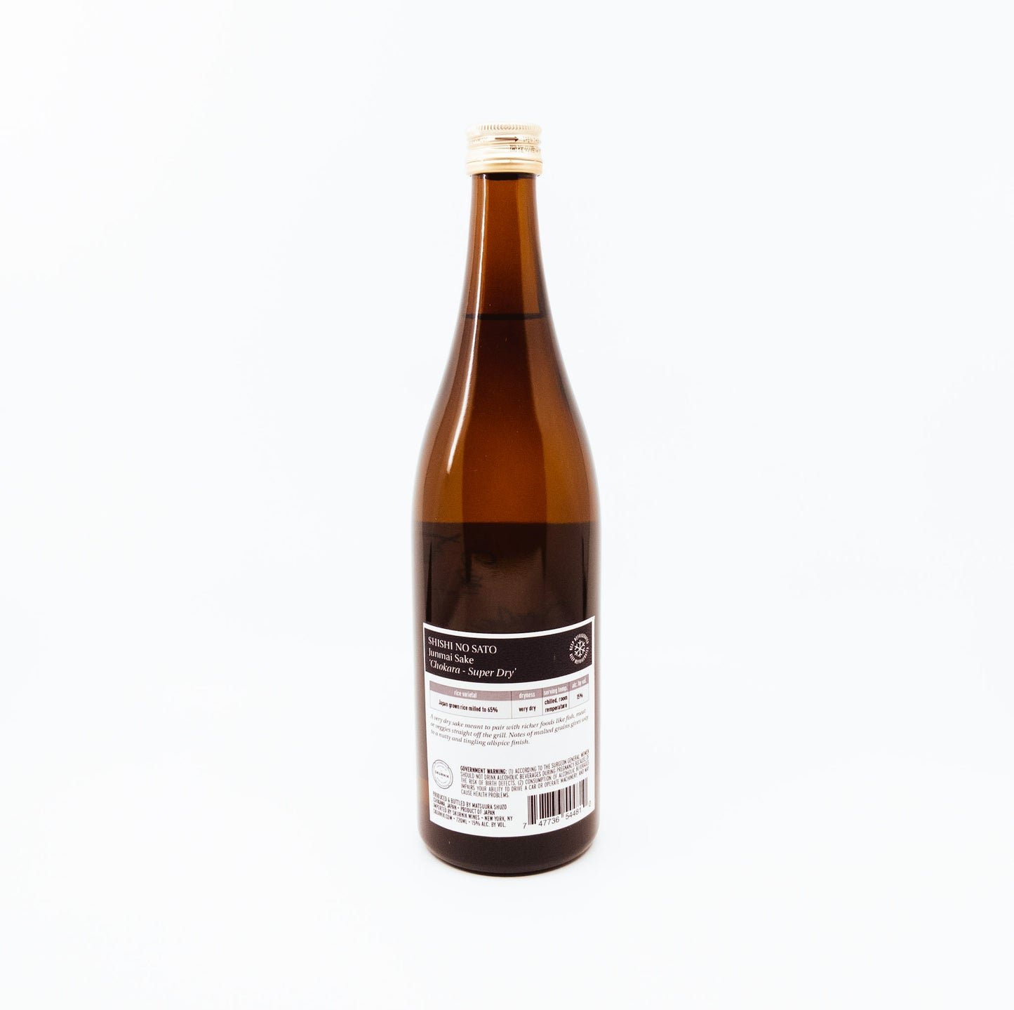 back of brown bottle with white label