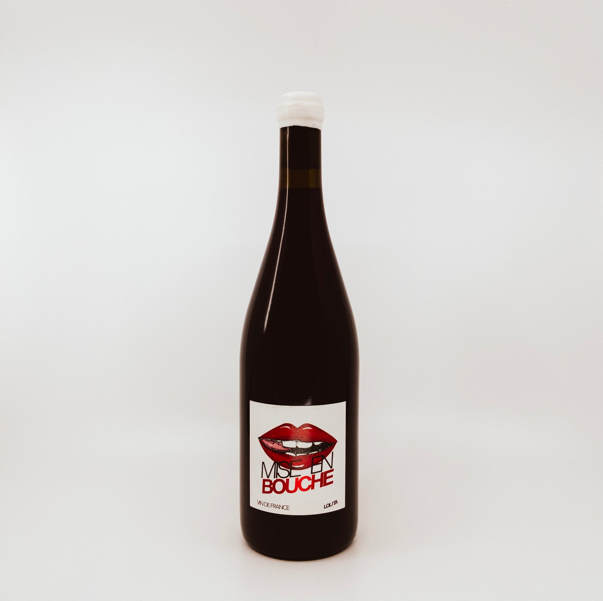 black bottle with lips on white label