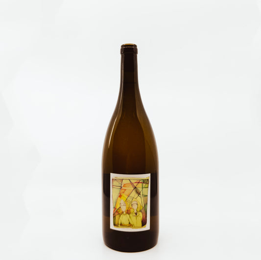dark brown bottle with painting on label