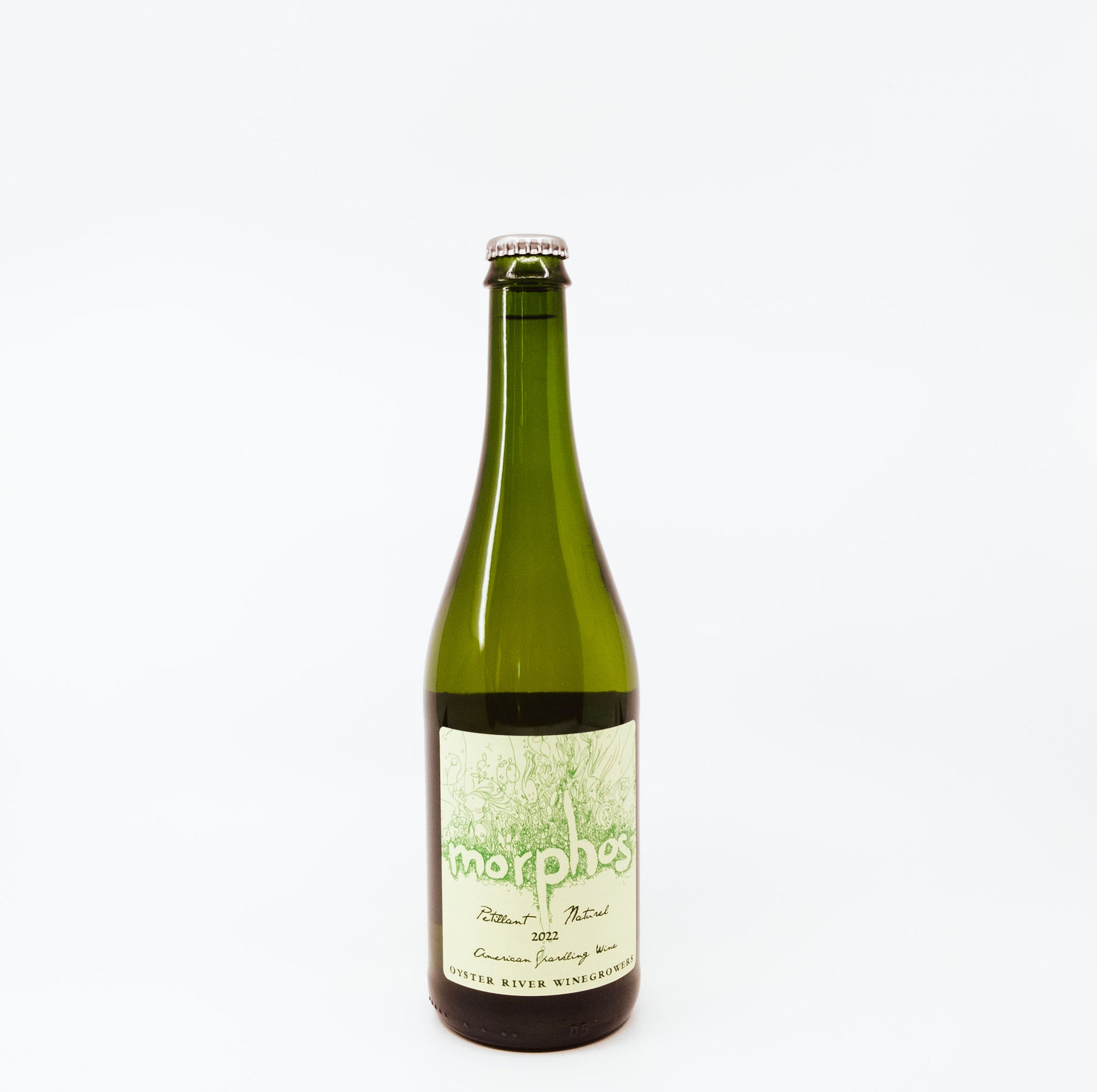 green glass bottle of morphos with green label