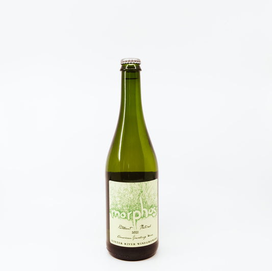 green glass bottle of morphos with green label