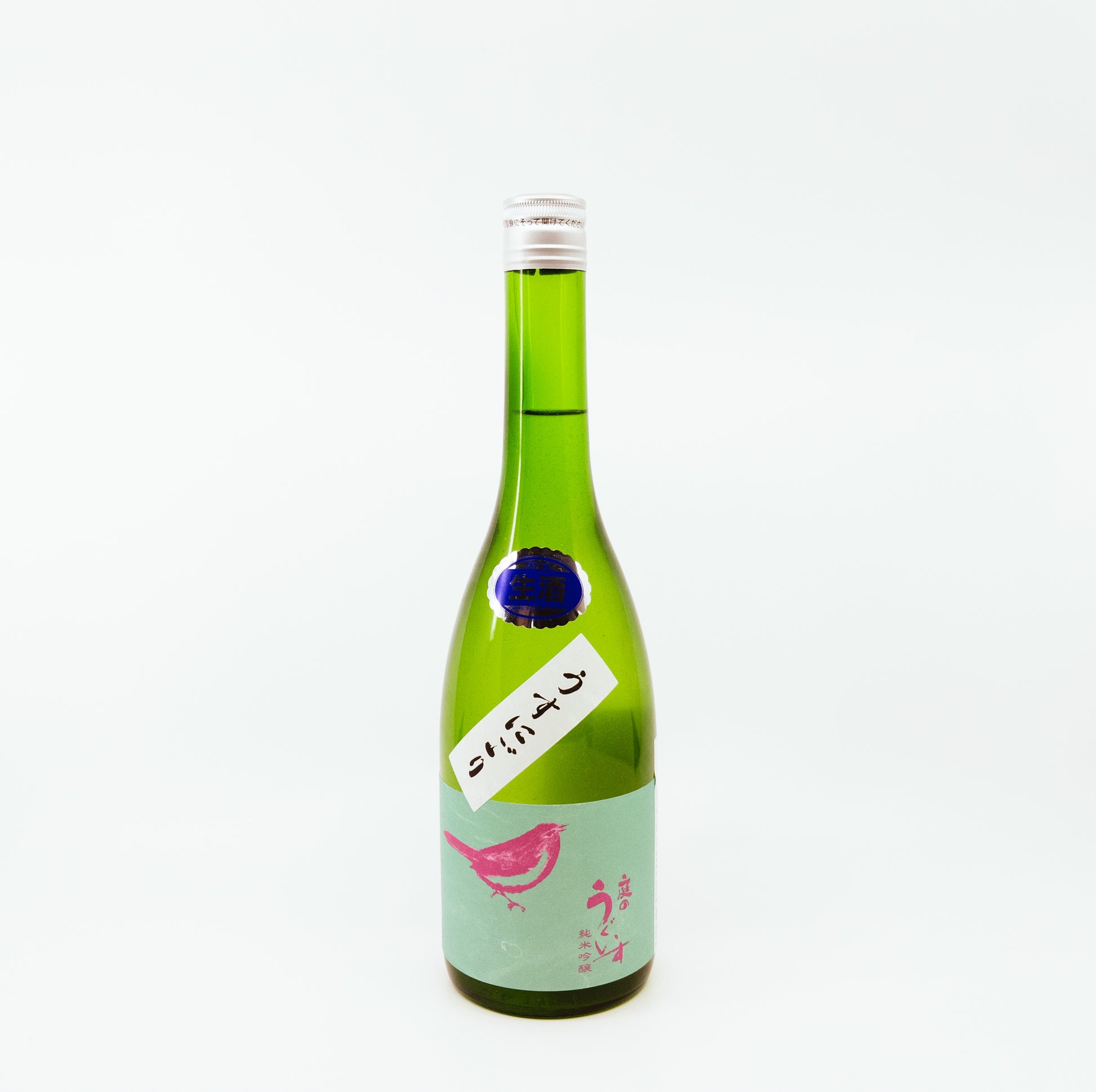green bottle with pink bird on green label